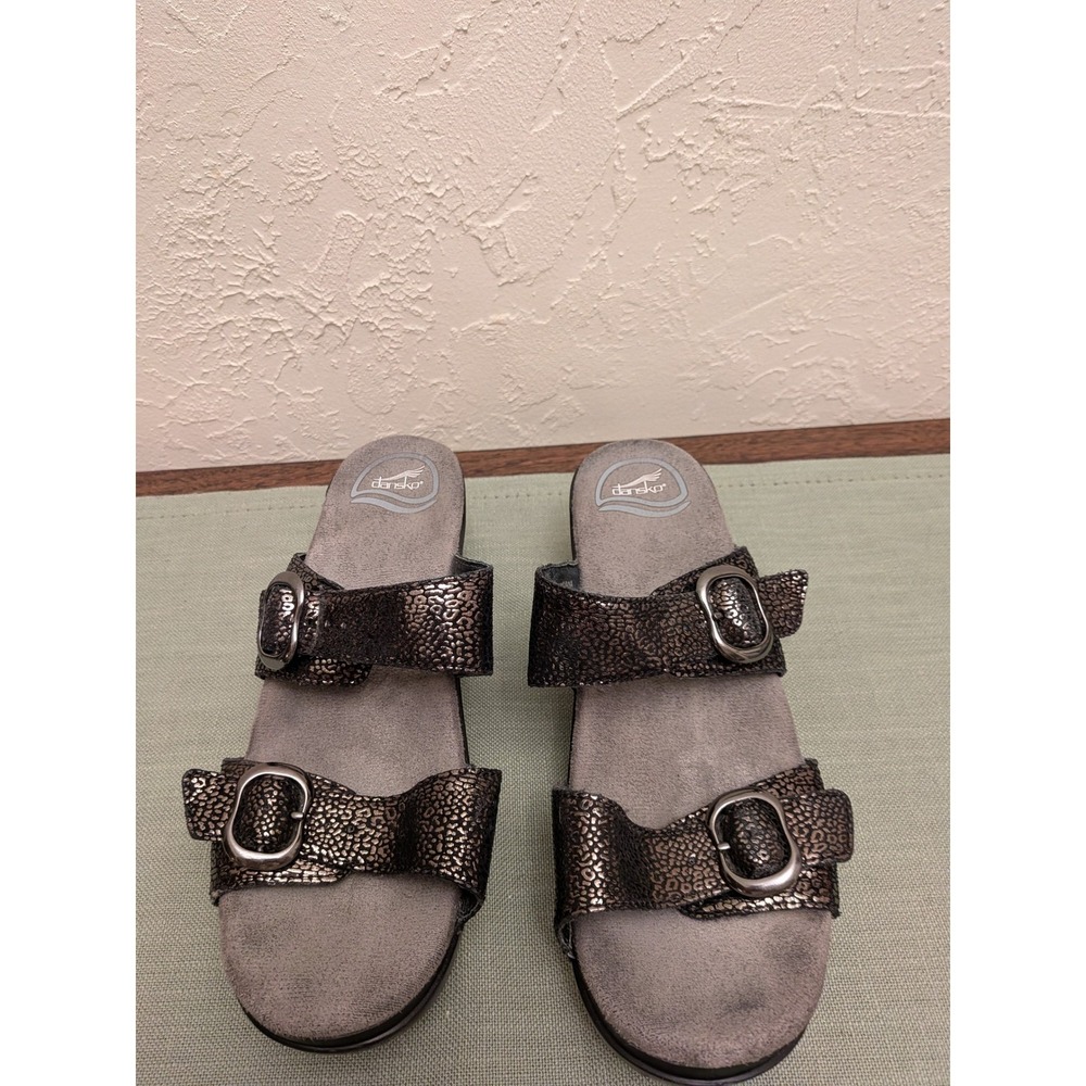 Dansko Women Metallic Leopard Print‎ Leather Buckle Slide Wedge Sandals 39 8.5-9